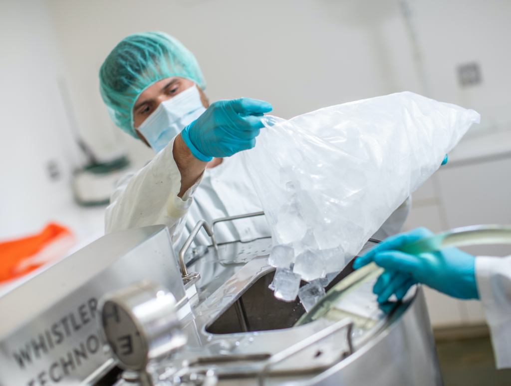 Lab technician pouring ice into commercial ice water extraction